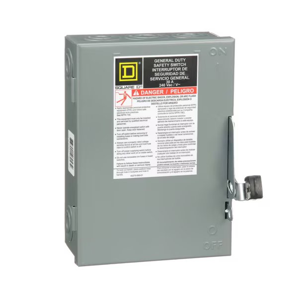 Safety Switch, 120V AC, 30 A, 2 Poles, Square D, Mfr#: D211NCP